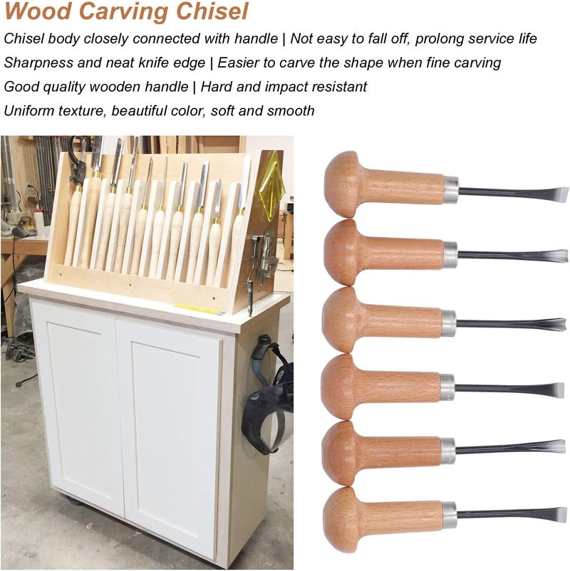 Wood Car Chisel Set, Wood 6 Piece Mushroom Handle Chisels with Wooden Box, Hardness Steel s for DIY Art Craft and Woodw - Image 4