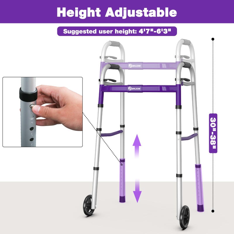 Whlicks Narrow Folding Walkers for Seniors,Aluminum Lightweight Walkers with Wheels, Adjustable Width and Height Front Wheel Walker for Elderly and Disabled, Supports up to 350 lbs - Image 5