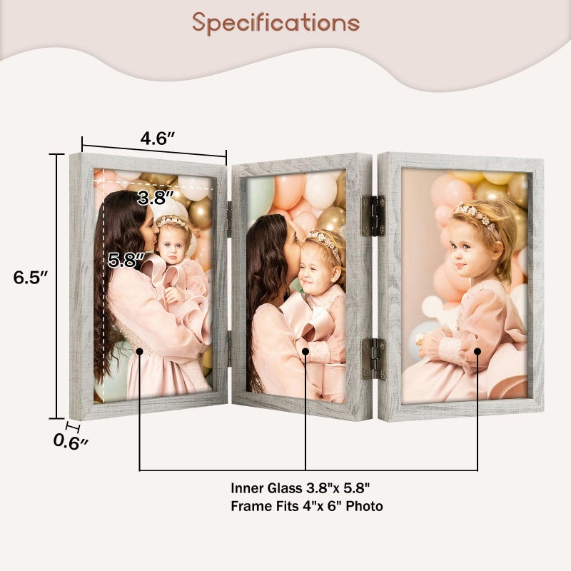 Space Art Deco 4x6 Triple Hinged Frames  3 Folding Picture Frame  Triptych Photo Frame  Stand Vertically on Desktop or Tabletop  Whitewashed Oak - Image 2