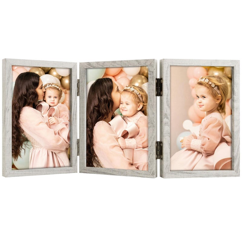 Space Art Deco 4x6 Triple Hinged Frames  3 Folding Picture Frame  Triptych Photo Frame  Stand Vertically on Desktop or Tabletop  Whitewashed Oak - Image 1