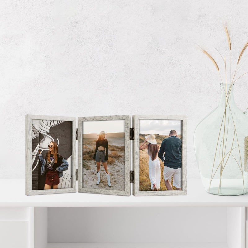 Space Art Deco 4x6 Triple Hinged Frames  3 Folding Picture Frame  Triptych Photo Frame  Stand Vertically on Desktop or Tabletop  Whitewashed Oak - Image 3