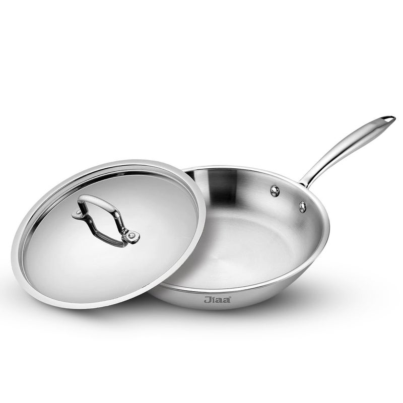 JIAA make life beautiful JIAA Triply Stainless Steel Frying Pan with SS Lid 22 cm14 L Induction Bottom Serves 34 People Cool Touch Handle Perfect for Searing Sauteing and Simmering Delicious Meals  - Image 1