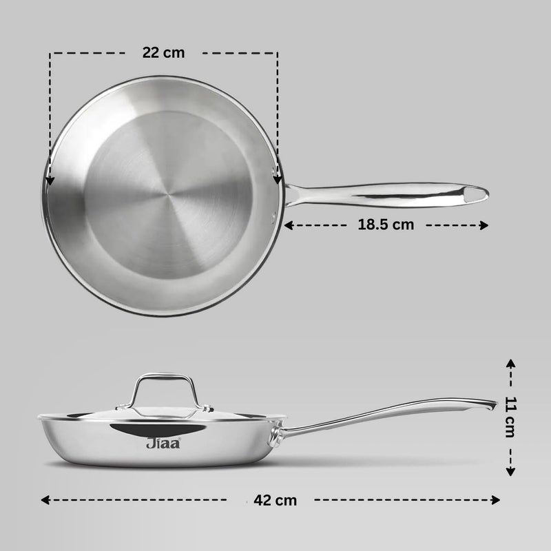JIAA make life beautiful JIAA Triply Stainless Steel Frying Pan with SS Lid 22 cm14 L Induction Bottom Serves 34 People Cool Touch Handle Perfect for Searing Sauteing and Simmering Delicious Meals  - Image 4