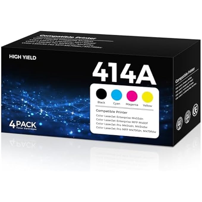 414A W2020A BLACK, CYAN, MAGENTA, YELLOW TONER CARTRIDGES (4-PACK)COMPATIBLE FOR HP 414A 414X W2020A, 414A TONER FOR M455DN, MFP M480F, PRO M454DN, M454DW, PRO MFP M479FDN, M479FDW - Image 1