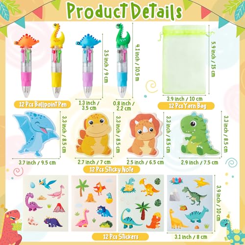 CY2SIDE Dinosaur Stationery Party Gift 24 Pack Spring Stuffers Prizes with Dino 4in1 Ballpoint Pens Sticky Notes Stickers and Organza Animal Party Favors Goodie Bag Fillers for School Rewards - Image 5
