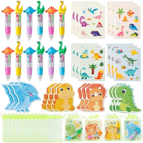 CY2SIDE Dinosaur Stationery Party Gift 24 Pack Spring Stuffers Prizes with Dino 4in1 Ballpoint Pens Sticky Notes Stickers and Organza Animal Party Favors Goodie Bag Fillers for School Rewards - Image 1