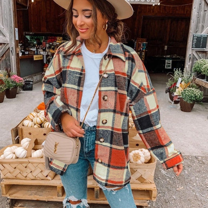 2021 Autumn Womens Plaid Long-Sleeve Shirt Red  - Image 5