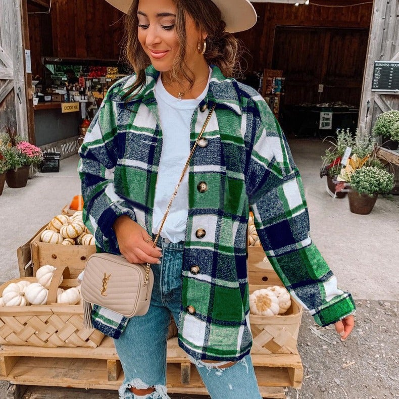 2021 Autumn Womens Plaid Long-Sleeve Shirt Red  - Image 2