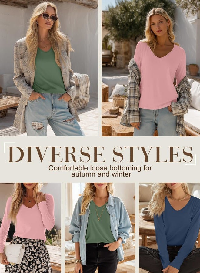 Ficerd 3 Pack Women's Long Sleeve T Shirts, V Neck Basic Tops Fall Casual Trendy Tees Loose Fit Soft Clothes Outfits, Haze Blue, Pink, Apple Green, L - Image 3