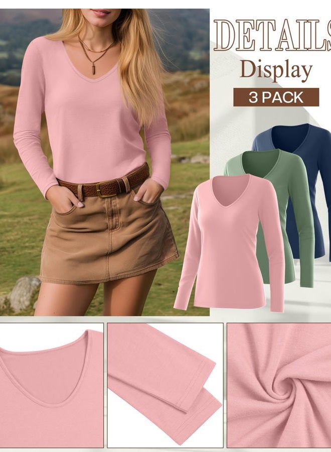 Ficerd 3 Pack Women's Long Sleeve T Shirts, V Neck Basic Tops Fall Casual Trendy Tees Loose Fit Soft Clothes Outfits, Haze Blue, Pink, Apple Green, L - Image 5