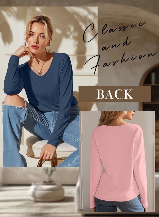 Ficerd 3 Pack Women's Long Sleeve T Shirts, V Neck Basic Tops Fall Casual Trendy Tees Loose Fit Soft Clothes Outfits, Haze Blue, Pink, Apple Green, L - Image 4