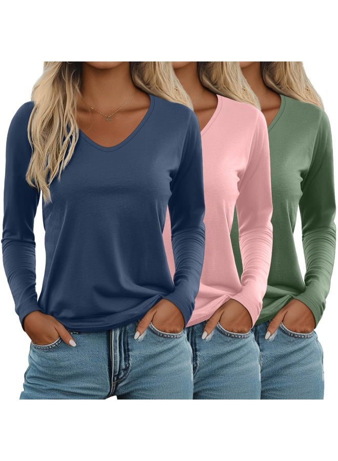 Ficerd 3 Pack Women's Long Sleeve T Shirts, V Neck Basic Tops Fall Casual Trendy Tees Loose Fit Soft Clothes Outfits, Haze Blue, Pink, Apple Green, L - Image 1