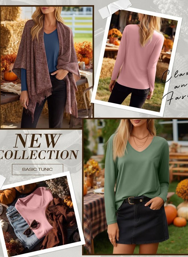 Ficerd 3 Pack Women's Long Sleeve T Shirts, V Neck Basic Tops Fall Casual Trendy Tees Loose Fit Soft Clothes Outfits, Haze Blue, Pink, Apple Green, L - Image 2