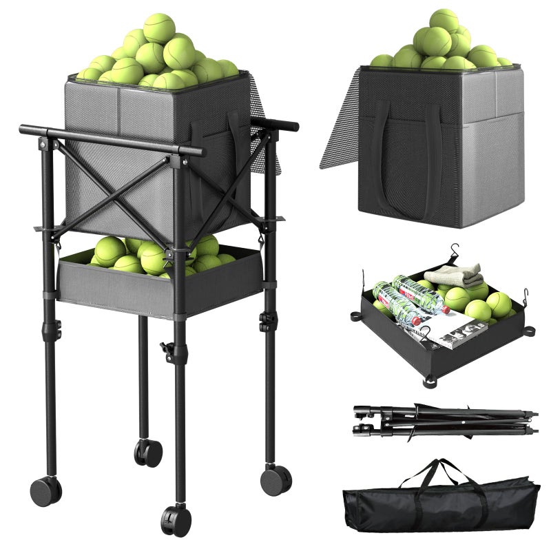 wasoyun Tennis Ball Hopper with Wheels Height Adjustable Foldable Tennis Ball Basket with Storage Bag Ball Candy for 150 Pickleball Tennis - Image 2