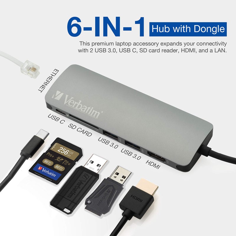 Verbatim 6-in-1 USB C Hub w/Dongle - USB Hub for Laptop w/ 2 USB 3.0, USB C, SD Card Reader, 4K HDMI, Ethernet, Compact & Portable USB-C Hub - Image 3