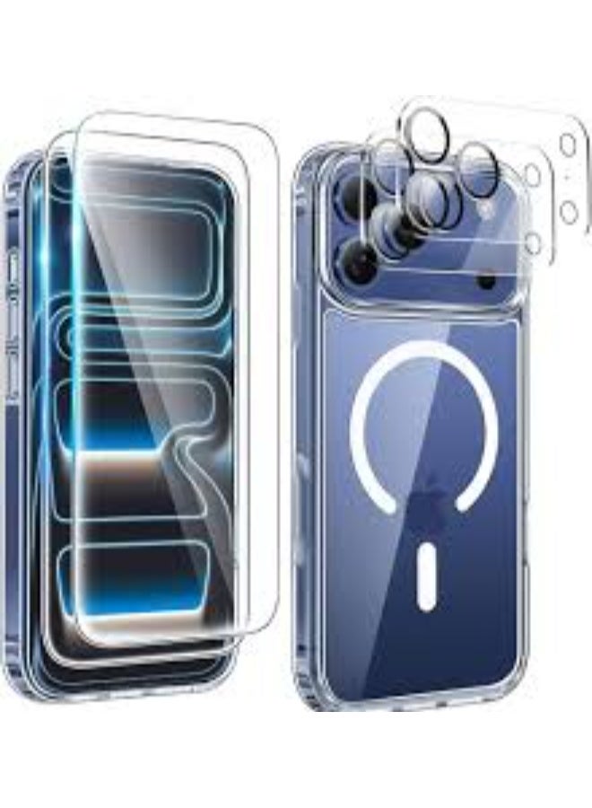 [5 in 1] iPhone 17 Pro Max Case – Clear Slim Shockproof Magnetic Case with 2X Screen Protectors, 2X Camera Protectors | Mil-Grade Protection | Compatible with Magnetic Chargers | Full Body Protection & Anti-Scratch Design for iPhone 17 Pro Max