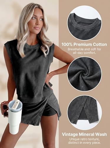 KevaMolly Womens Travel Outfits Summer Lounge Set 2 Pieces Mineral Wash Cotton Tank Top Lined Split Athletic Skirt Set Black M - Image 4