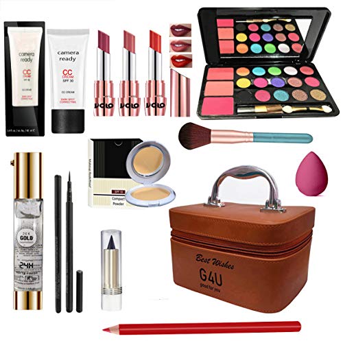 G4U All In One Makeup Kit (3 Lipstick,1 EyeShadow,1 CC Cream, Compact,Primer,Pen Liner,Kajal, Lip Liner, 1 Makeup Brush,1 Makeup Puff,1 Multi-purpose Makeup Box) Brick Red Pack of 13 Pcs. - Image 1