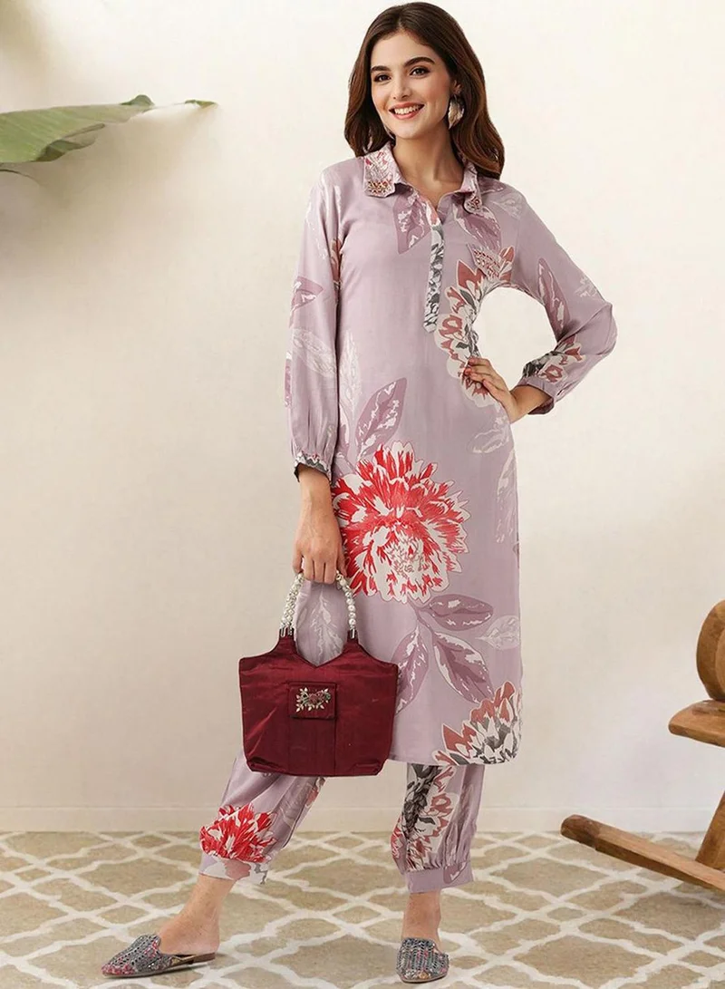 ISHIN Women's Lilac Rayon Printed Tunic Full Length Palazzo Straight Fit Kurta Set