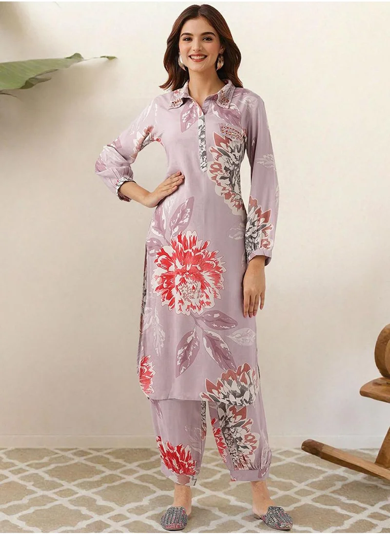 آي شين Women's Lilac Rayon Printed Tunic Full Length Palazzo Straight Fit Kurta Set