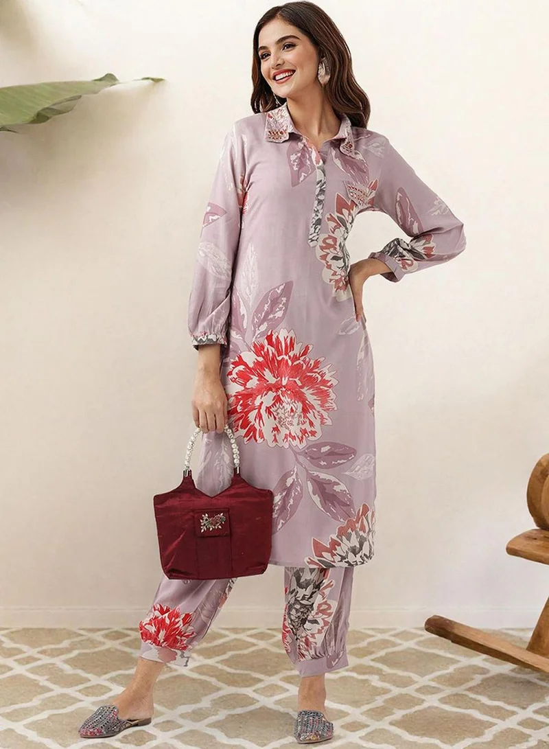 ISHIN Women's Lilac Rayon Printed Tunic Full Length Palazzo Straight Fit Kurta Set