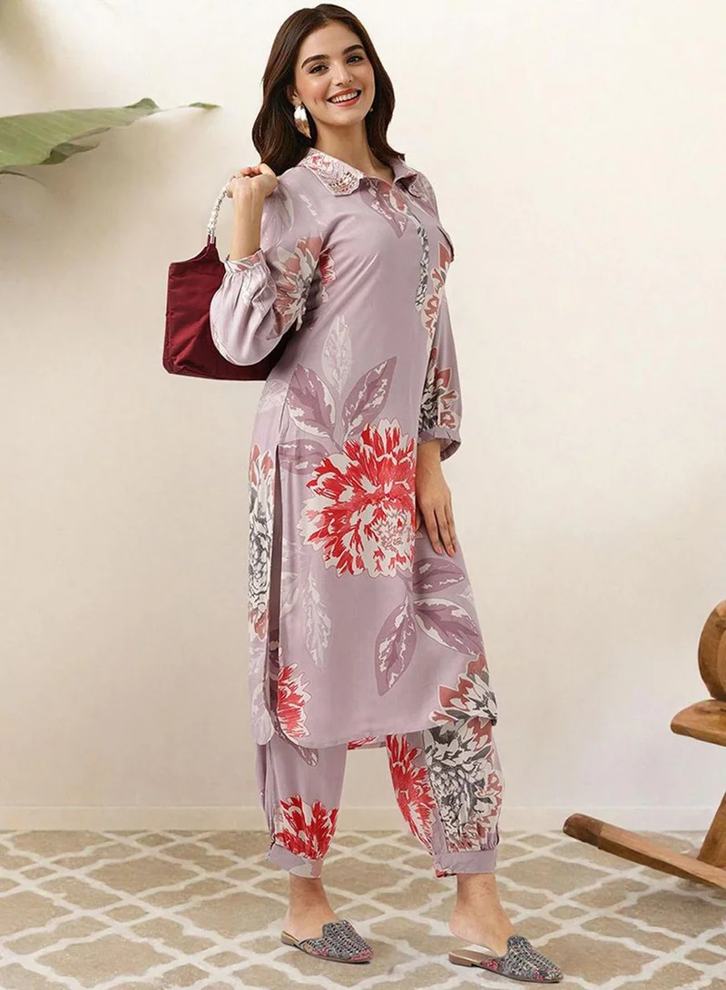 ISHIN Women's Lilac Rayon Printed Tunic Full Length Palazzo Straight Fit Kurta Set