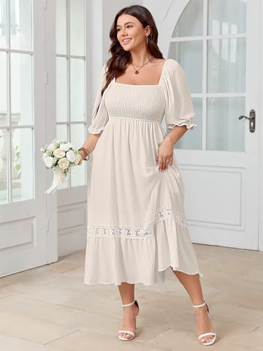 SCOMCHIC Women's Plus Size Boho Maxi Dress Short Sleeve Square Neck Smocked Flowy A-Line Lace Trim Wedding Guest Dresses Apricot - Image 2