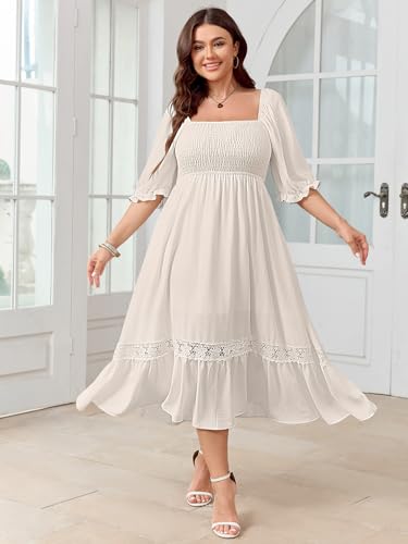 SCOMCHIC Women's Plus Size Boho Maxi Dress Short Sleeve Square Neck Smocked Flowy A-Line Lace Trim Wedding Guest Dresses Apricot - Image 5