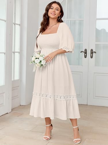 SCOMCHIC Women's Plus Size Boho Maxi Dress Short Sleeve Square Neck Smocked Flowy A-Line Lace Trim Wedding Guest Dresses Apricot - Image 3