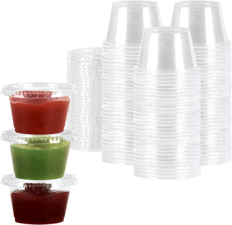 Khaleej Pack 100 Pack Of 4 oz Jello Shot Cups – Clear Plastic Small Containers With Tight Lids Condiment Cups Sauce Cups Souffle Cups Disposable Ketchup Cups Tiny Comfy Cups - Image 1