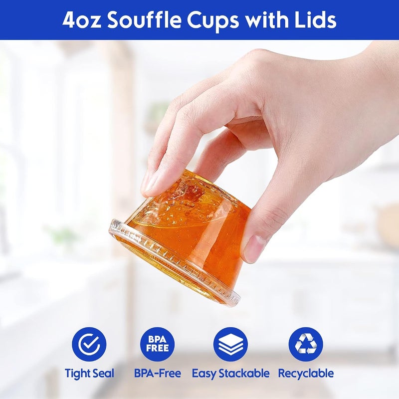 Khaleej Pack 100 Pack Of 4 oz Jello Shot Cups – Clear Plastic Small Containers With Tight Lids Condiment Cups Sauce Cups Souffle Cups Disposable Ketchup Cups Tiny Comfy Cups - Image 2