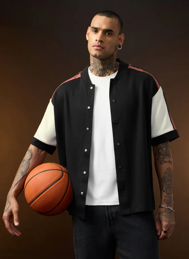 The Souled Store  The Souled Store Men Oversized Fit Colourblocked Black Baseball Shirt  | Best Price UAE