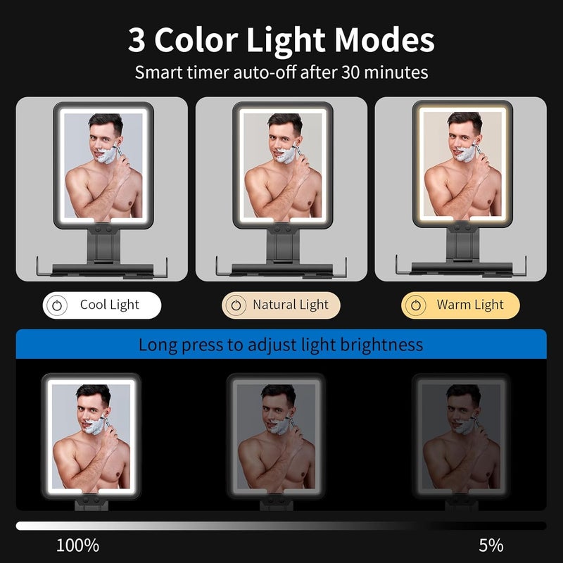مرآة حلاقة مضادة للضباب مع تسخين، مقاس 9.5*8 بوصة، مرآة استحمام LED خالية من الضباب للحلاقة مع 3 أوضاع ألوان، مرآة حلاقة قابلة للتعتيم مع صينية تخزين وحامل شفرة حلاقة، مرآة استحمام قابلة للشحن معلقة. - Image 5