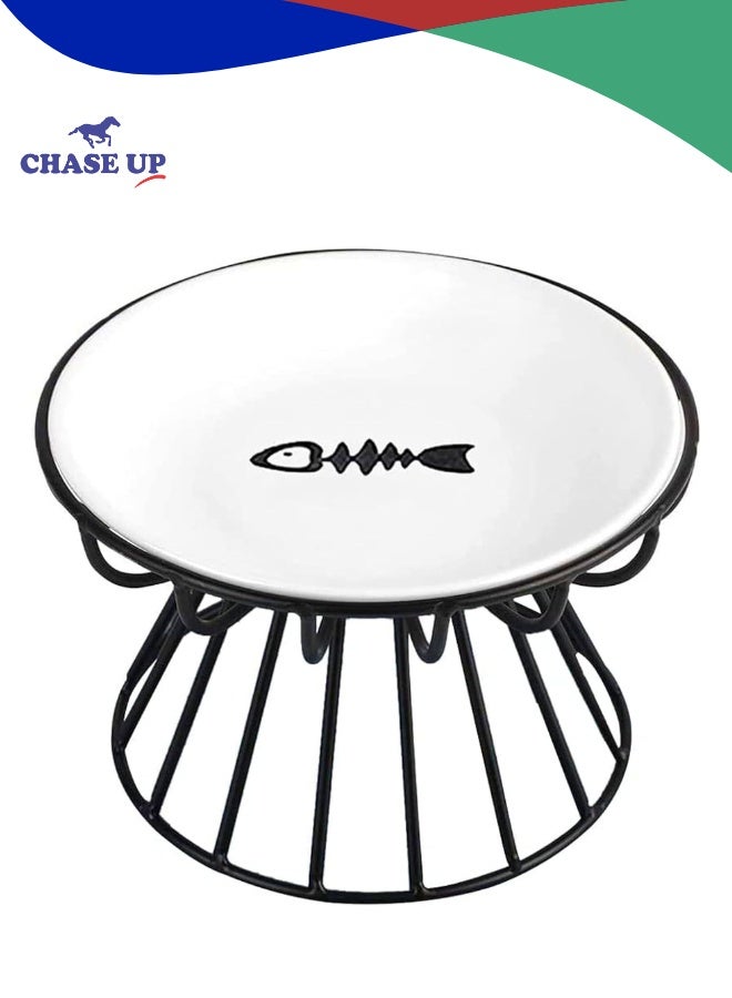 Chase Up 2023 New Whisker-Friendly Anti-Vomit Cat Plate, Elevated Bowl-Raised Ceramic Cat Bowl with Metal Stand, Food & Water Anti Vomiting Shallow Ceramic Dish for Cat and Small Dogs - Image 1