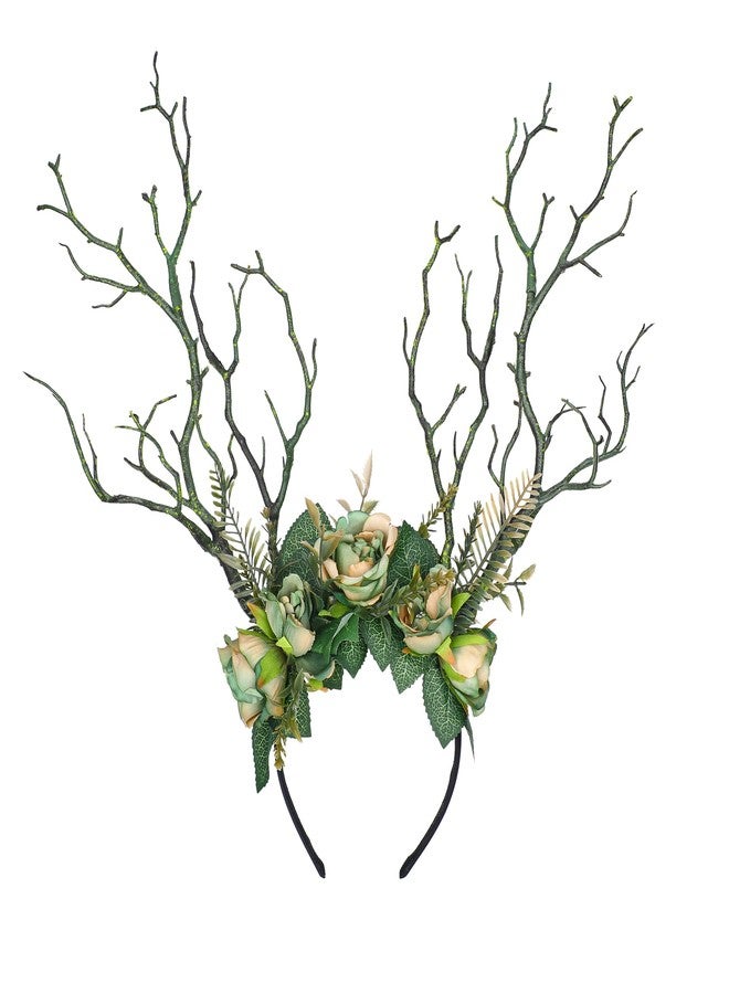 MOSTORY Handmade Green Branch Crown Woodland Flower Headband Forest Antler Headpiece Floral Fairy Hairband for Women Girls Renfaire Elf Cosplay Halloween Party - Image 1