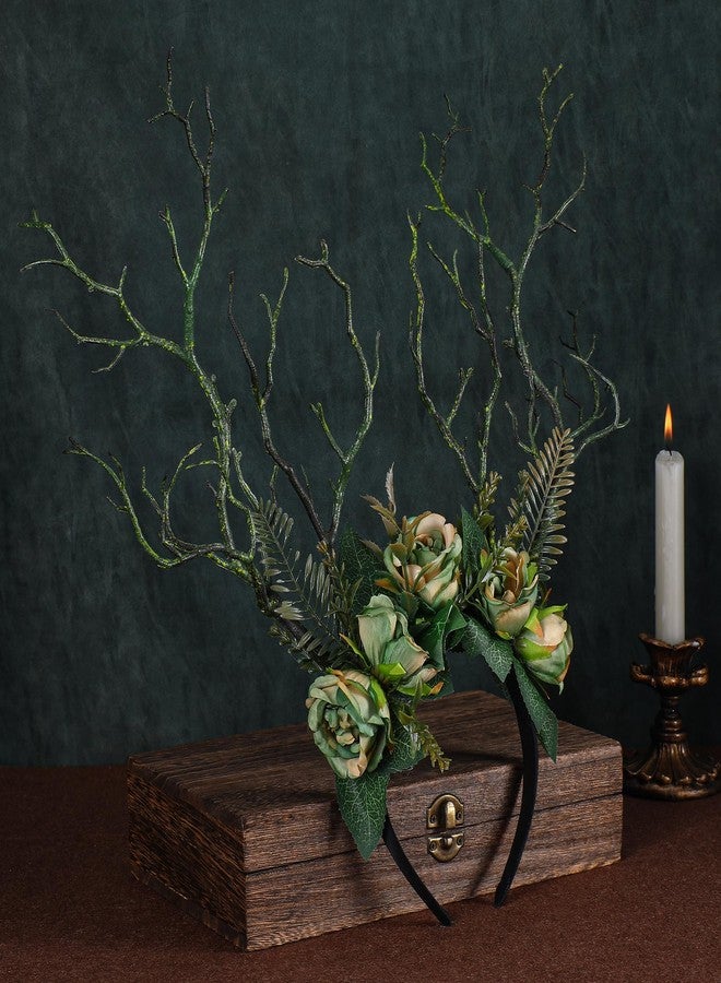 MOSTORY Handmade Green Branch Crown Woodland Flower Headband Forest Antler Headpiece Floral Fairy Hairband for Women Girls Renfaire Elf Cosplay Halloween Party - Image 4