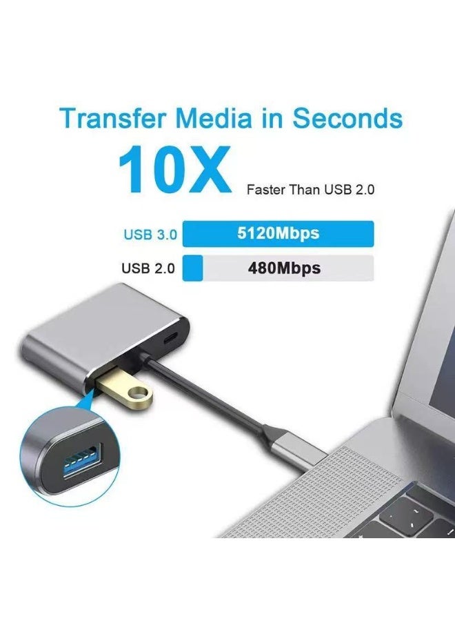 موزع USB-C متعدد المنافذ 4 في 1، منفذي HDMI بدقة 4K بمعدل 30 هرتز، منفذ USB 3.0 بسرعة 5 جيجابت في الثانية، شحن سريع PD بقدرة 100 واط، محول متعدد المنافذ من النوع C - Image 2