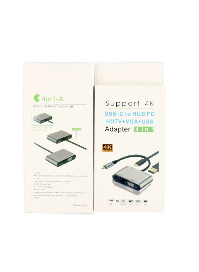 موزع USB-C متعدد المنافذ 4 في 1، منفذي HDMI بدقة 4K بمعدل 30 هرتز، منفذ USB 3.0 بسرعة 5 جيجابت في الثانية، شحن سريع PD بقدرة 100 واط، محول متعدد المنافذ من النوع C - Image 1