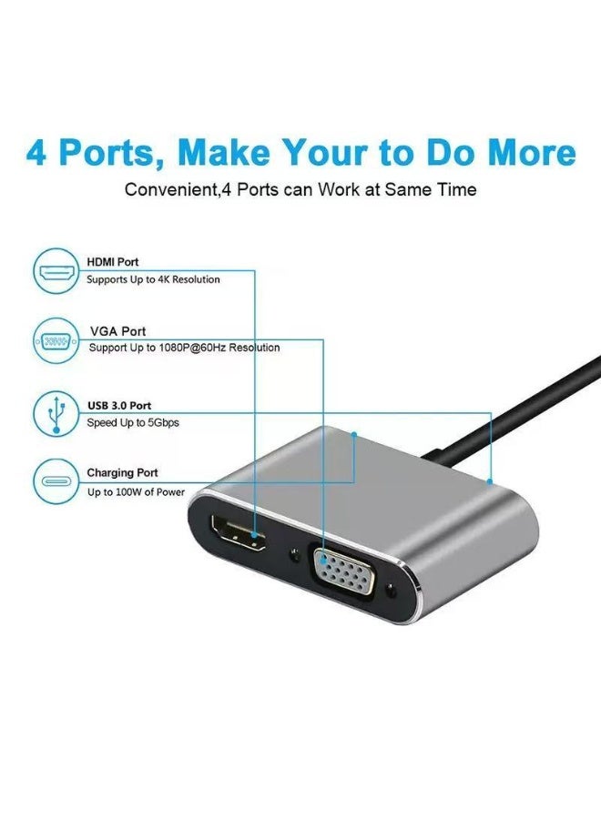 موزع USB-C متعدد المنافذ 4 في 1، منفذي HDMI بدقة 4K بمعدل 30 هرتز، منفذ USB 3.0 بسرعة 5 جيجابت في الثانية، شحن سريع PD بقدرة 100 واط، محول متعدد المنافذ من النوع C - Image 3