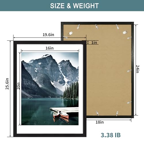 iRahmen 18x24 Picture Frame Set of 2 with Plexiglass, Black Poster Frame Display 16x20 Picture with Mat or 18 x 24 Without Mat, Wood Photo Frame for Gallery Wall Mounting Horizontal and Vertical - Image 4