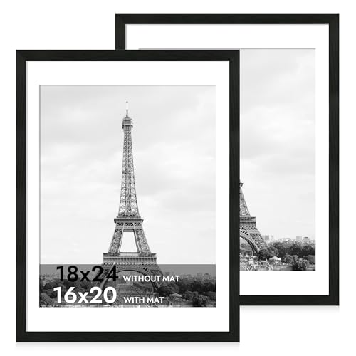 iRahmen 18x24 Picture Frame Set of 2 with Plexiglass, Black Poster Frame Display 16x20 Picture with Mat or 18 x 24 Without Mat, Wood Photo Frame for Gallery Wall Mounting Horizontal and Vertical - Image 1