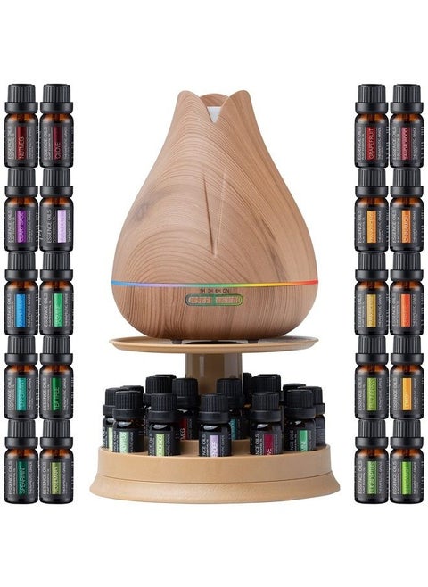 Aromatherapy Essential Oil Diffuser Gift Set with 20 Oils and Rotating Display Stand - 400ml Ultrasonic Diffuser with 20 Essential Plant Oils - 4 Timer & 7 Ambient Light Settings