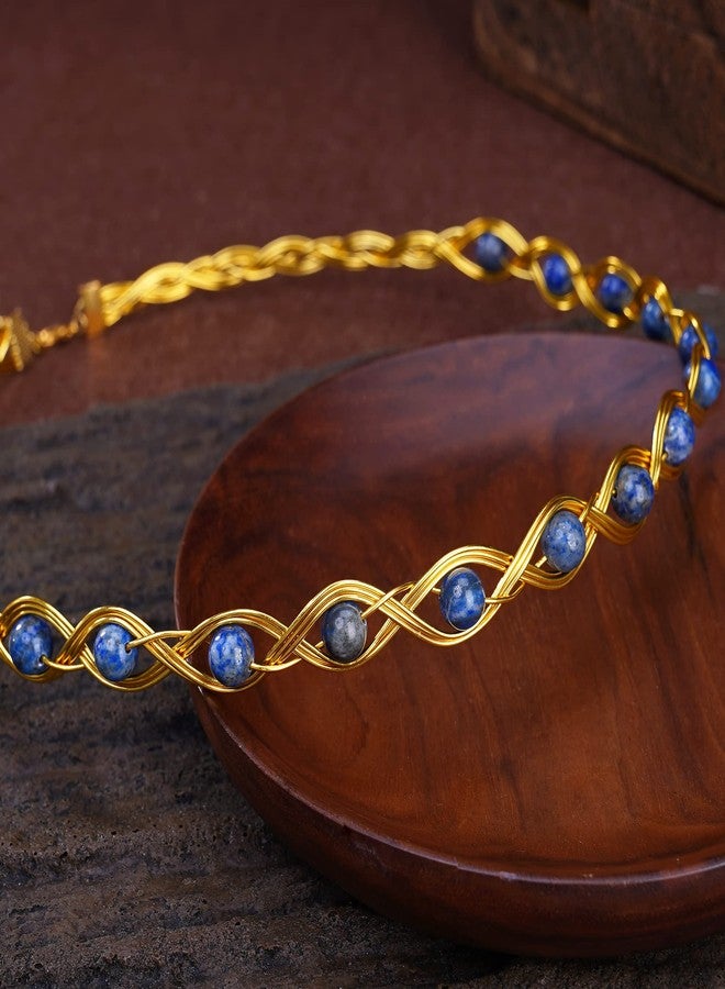 CoTeeZa Renaissance Crystal Celtic Crown - Handmade Gold Fairy Circlet Elvish Headband Lapis Lazuli Healing Beaded Braided Headpiece Tiara Queen Royal Cosplay Hair Decoration for Wedding Halloween - Image 4