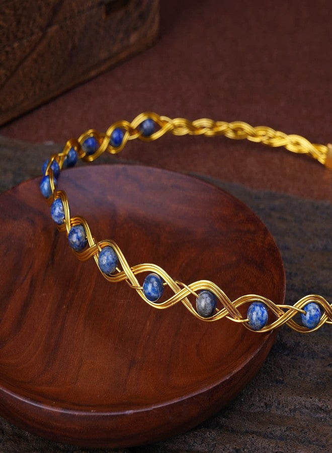 CoTeeZa Renaissance Crystal Celtic Crown - Handmade Gold Fairy Circlet Elvish Headband Lapis Lazuli Healing Beaded Braided Headpiece Tiara Queen Royal Cosplay Hair Decoration for Wedding Halloween - Image 5