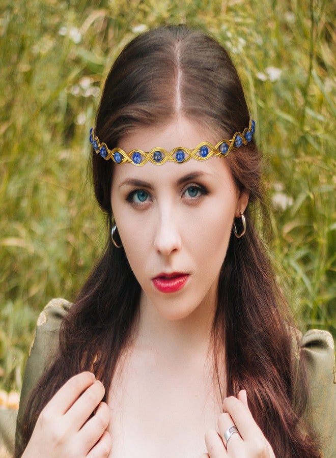 CoTeeZa Renaissance Crystal Celtic Crown - Handmade Gold Fairy Circlet Elvish Headband Lapis Lazuli Healing Beaded Braided Headpiece Tiara Queen Royal Cosplay Hair Decoration for Wedding Halloween - Image 2