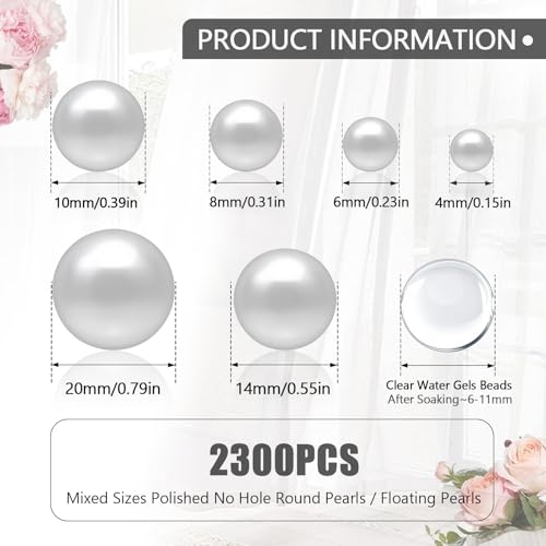 Towenm 2300PCS No Hole Pearl Beads for Vases Filler, Floating Pearls for Centerpieces Vases, Mix Sizes Faux Round White Pearls for Crafting Wedding Party Costums Decoration (4/6/8/10/14/20mm) - Image 3
