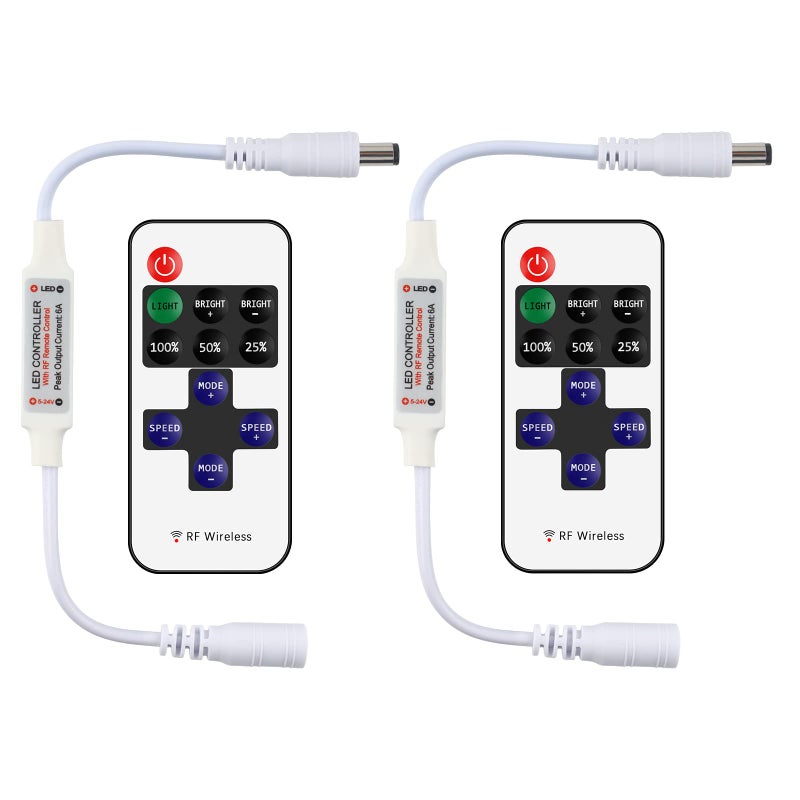 RGBZONE 2 Pack Mini RF LED Dimmer Single Color Controller for 5050 3528 5630 Strip Lights DC5VDC12VDC24V Single Channel LED Controller 11Keys RF Wireless Remote Control