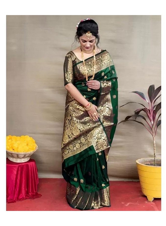 Sanu silk Womens Pure Banarasi Soft Silk Kanjivaram Style Saree For Wedding With Unstitched Heavy Blouse Piece (Dark Green) - Image 4