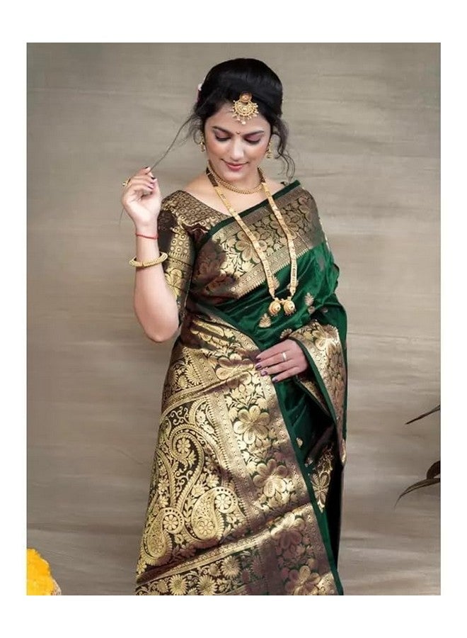 Sanu silk Womens Pure Banarasi Soft Silk Kanjivaram Style Saree For Wedding With Unstitched Heavy Blouse Piece (Dark Green) - Image 2