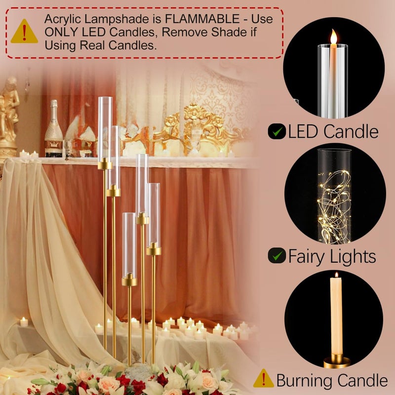 Fullvaseer 5 Arm Candelabra with Acrylic Lampshade Set of 4 Gold Candelabra for Wedding Table Birthday Party Home Decoration 39.4'' Candle Holder Fit LED Taper Candles - Image 5
